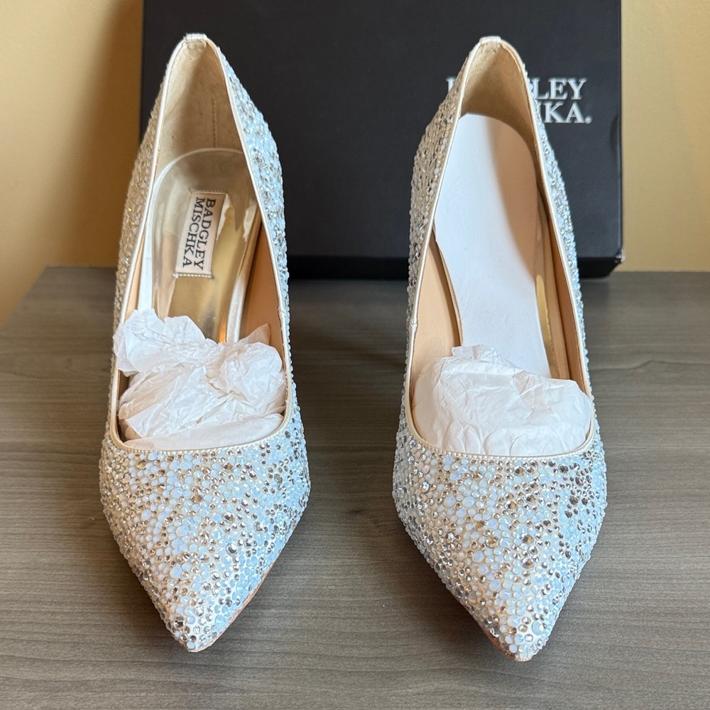 Badgley Mischka Bethany Soft Whit and Silver Embellished Heels